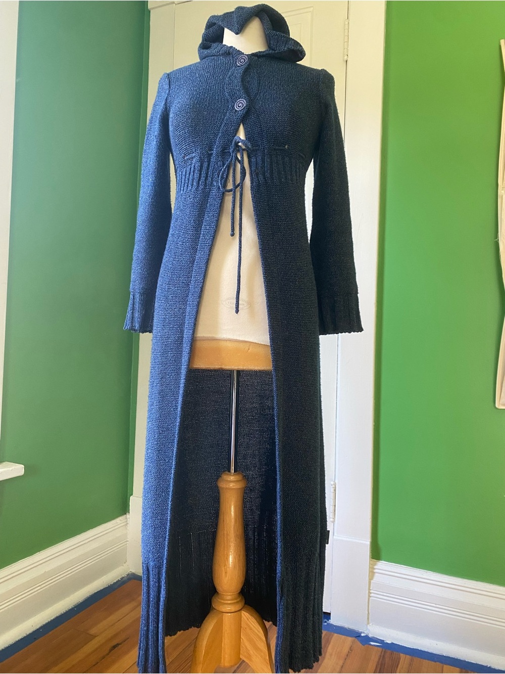 Vintage y2k 2000s Cop Copine Long Hooded Navy Knit Sweater Cardigan